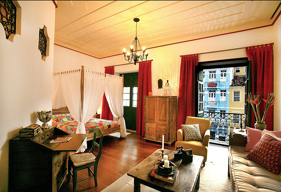 A double-bed room. Each room has a unique size and decoration.