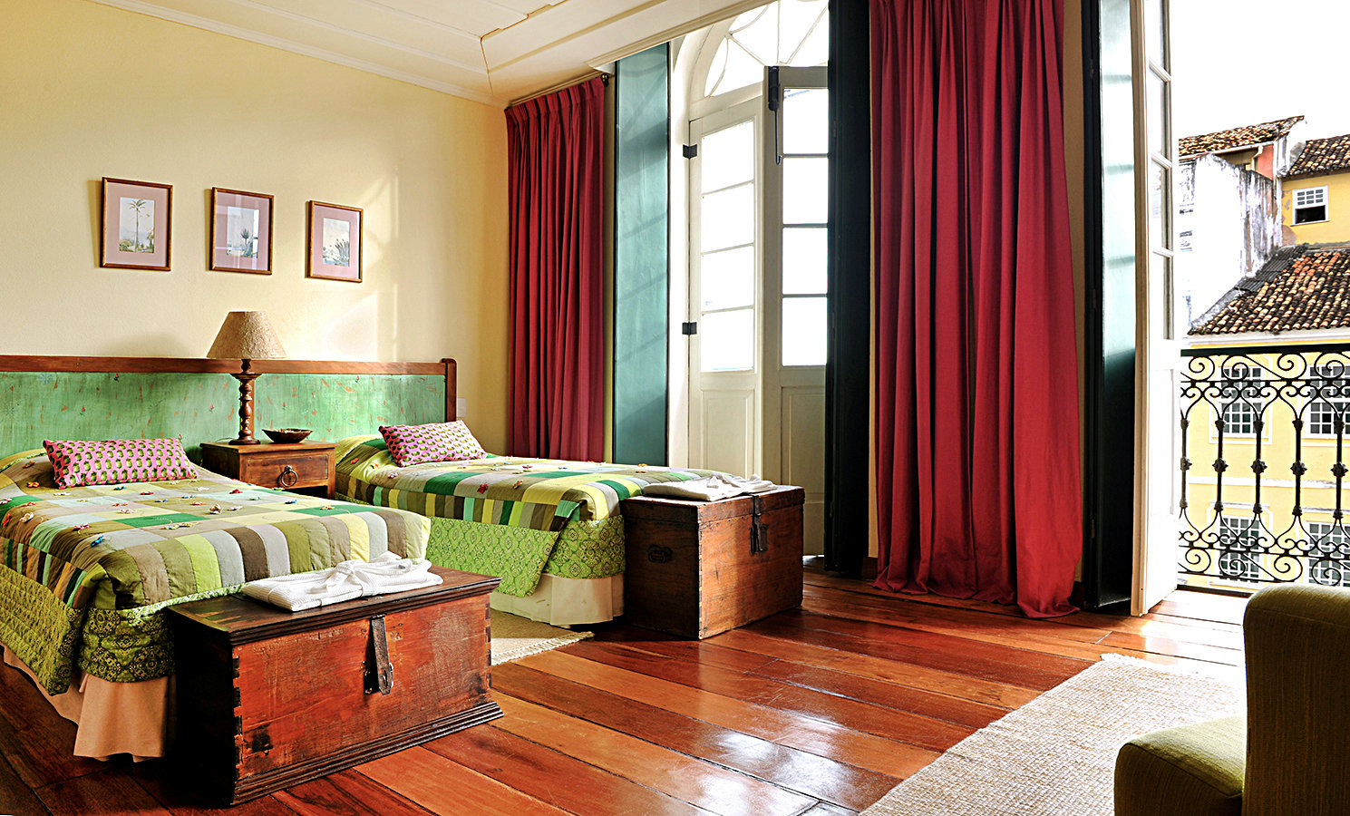 A twin-bed room. Each room has a unique size and decoration.