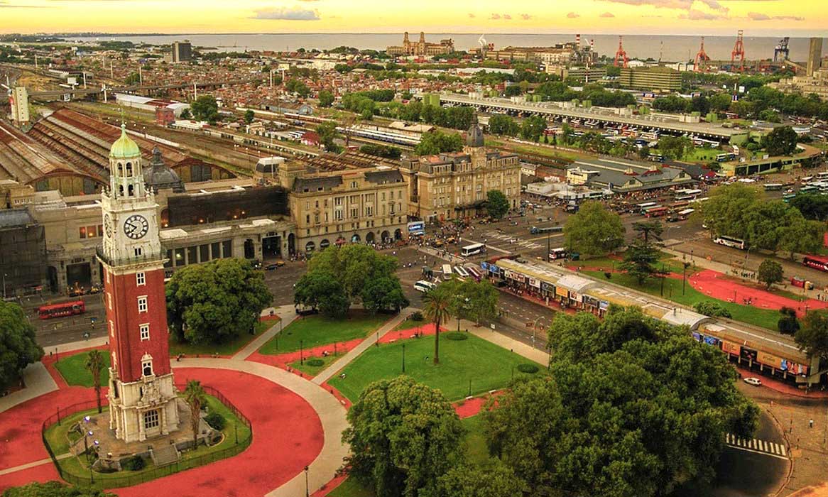 A bird’s eye view of Retiro neighborhood, British clock tower & River Plate (Rio de la Plata)