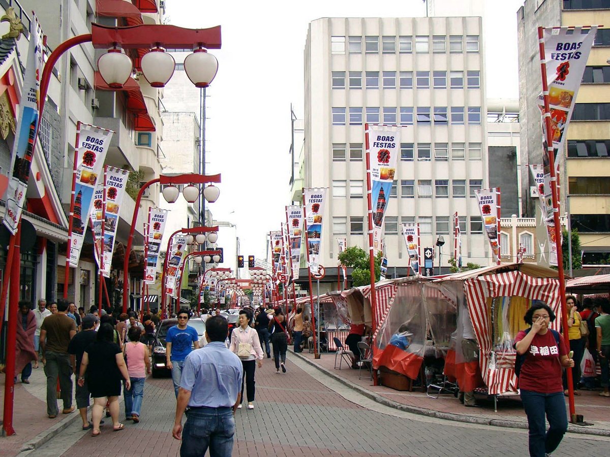 A pedestrian street in the Japanese-influenced Liberdade neighborhood