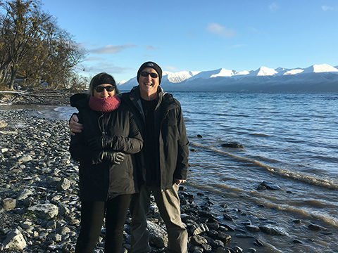 Roger & Susan in Ushuaia next to the shore of the Fagnano lake