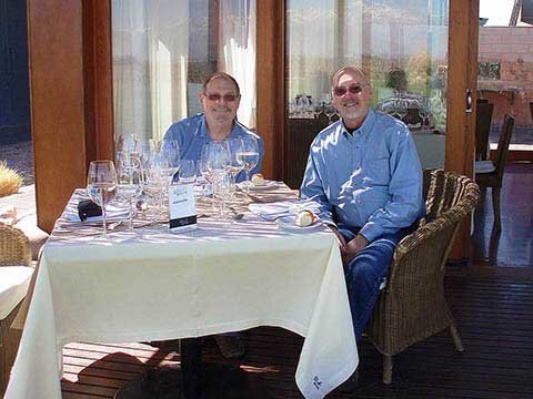 Roy and Charles having a gourmet lunch with wine tasting at a winery in Mendoza